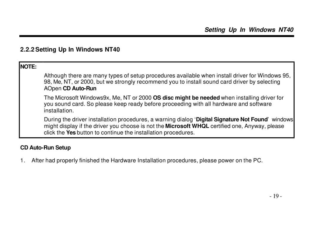 AOpen AW540 Series manual Setting Up In Windows NT40, CD Auto-Run Setup 