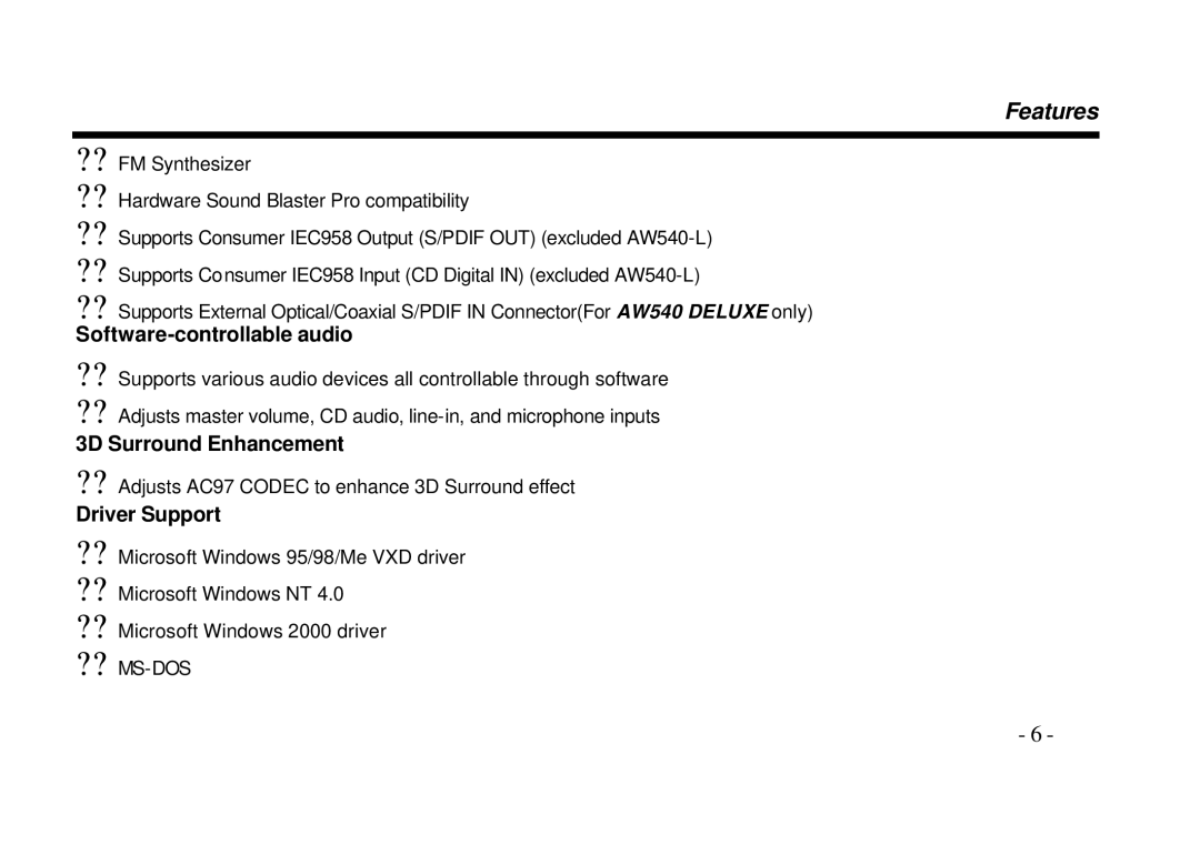 AOpen AW540 Series manual Software-controllable audio, 3D Surround Enhancement, Driver Support 