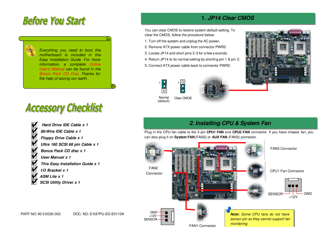 AOpen D X37PU-EG-E0110A manual JP14 Clear Cmos, Installing CPU & System Fan 