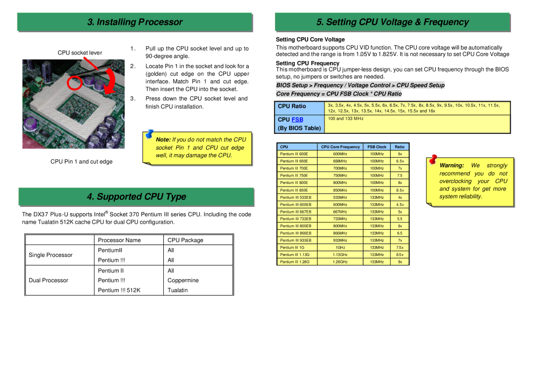 AOpen D X37PU-EG-E0110A manual Installing Processor, Supported CPU Type, Setting CPU Voltage & Frequency 