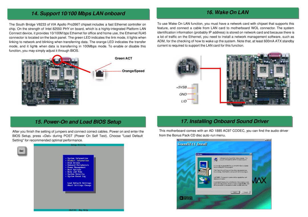 AOpen D X37PU-EG-E0110A manual Support 10/100 Mbps LAN onboard, Power-On and Load Bios Setup, Wake On LAN 