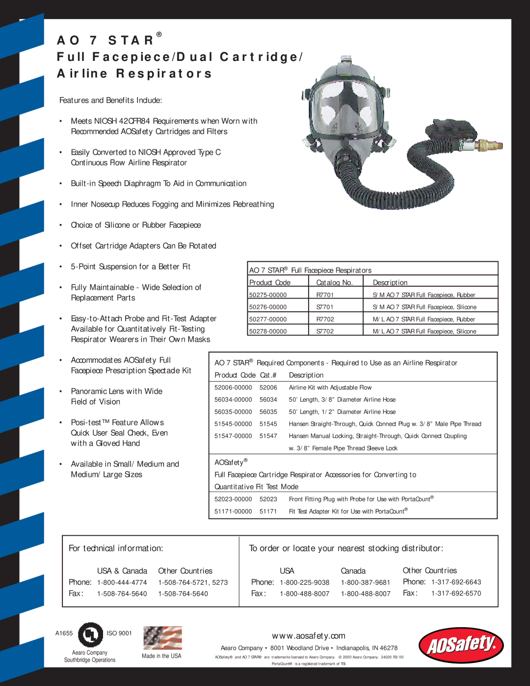 AOSafety AO 7 Star Features and Benefits Include, Continuous Flow Airline Respirator, Point Suspension for a Better Fit 