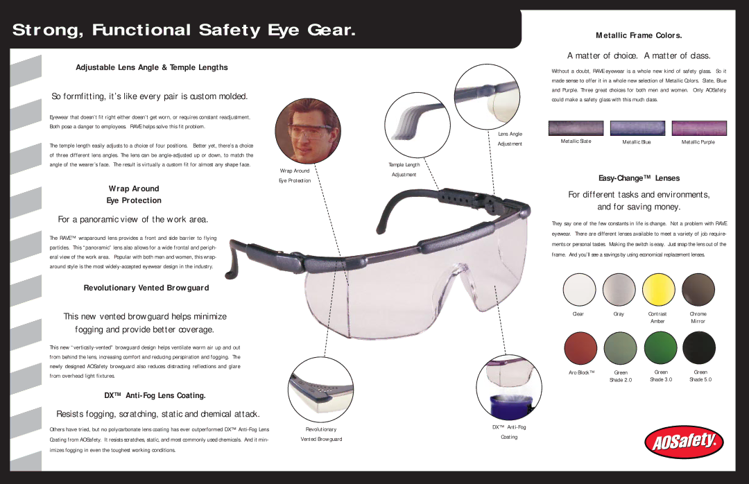 AOSafety CSA Z94.3-92 manual Strong, Functional Safety Eye Gear, So formfitting, it’s like every pair is custom molded 