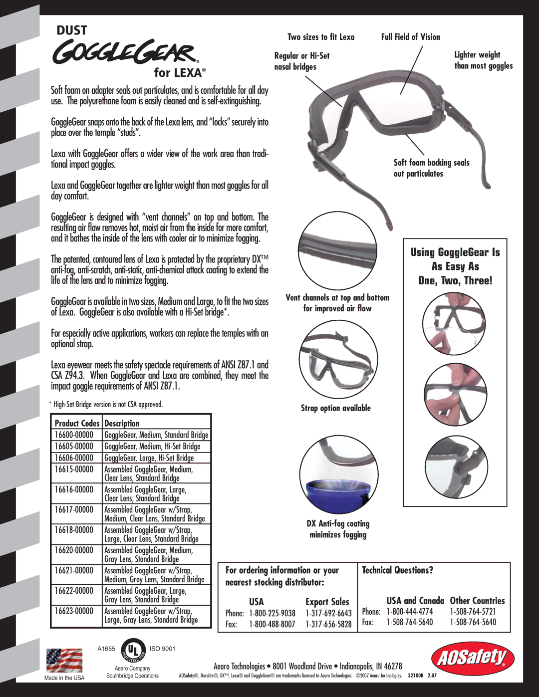 AOSafety Dust manual Nasal bridges, Using GoggleGear Is As Easy As, One, Two, Three, Description 