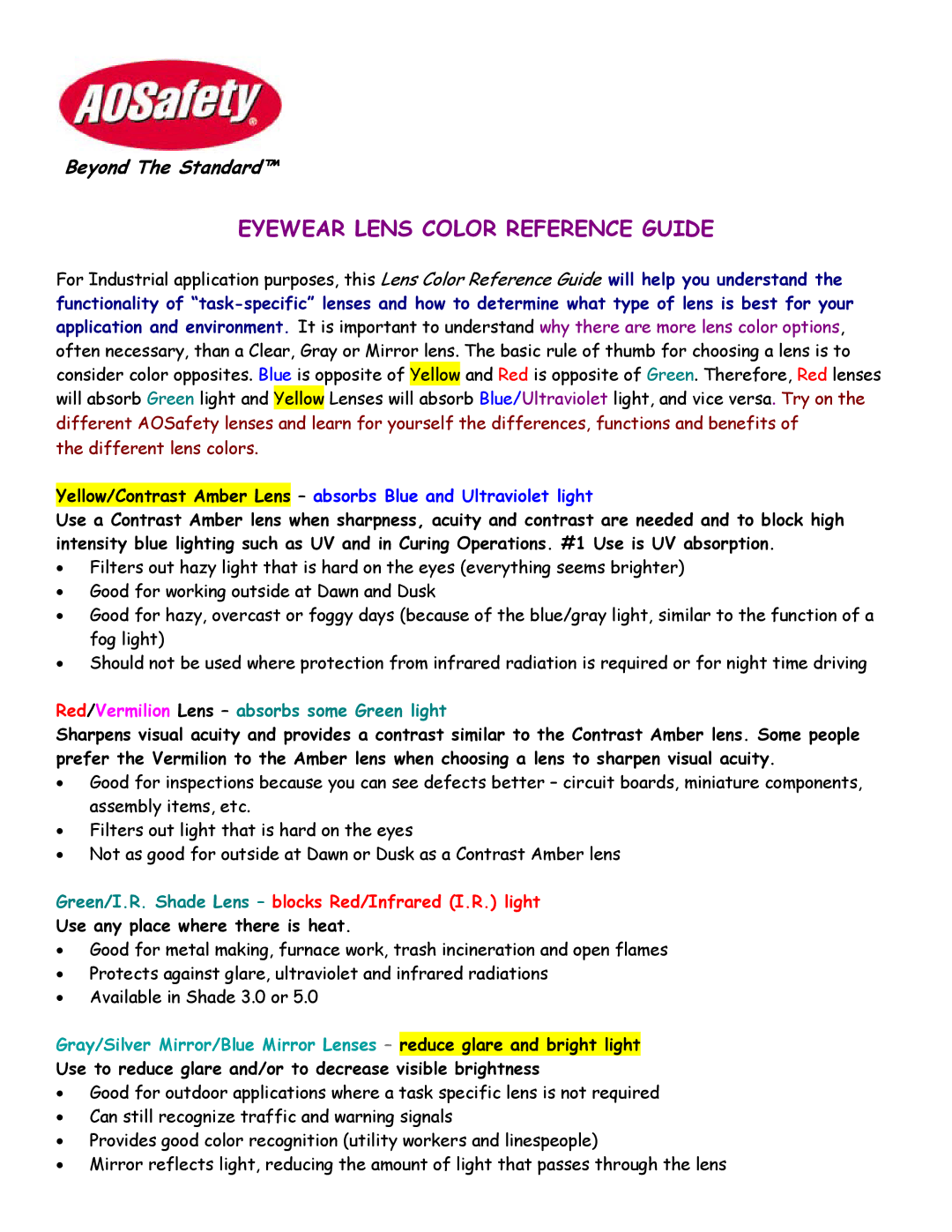 AOSafety manual Eyewear Lens Color Reference Guide, Red/Vermilion Lens absorbs some Green light 