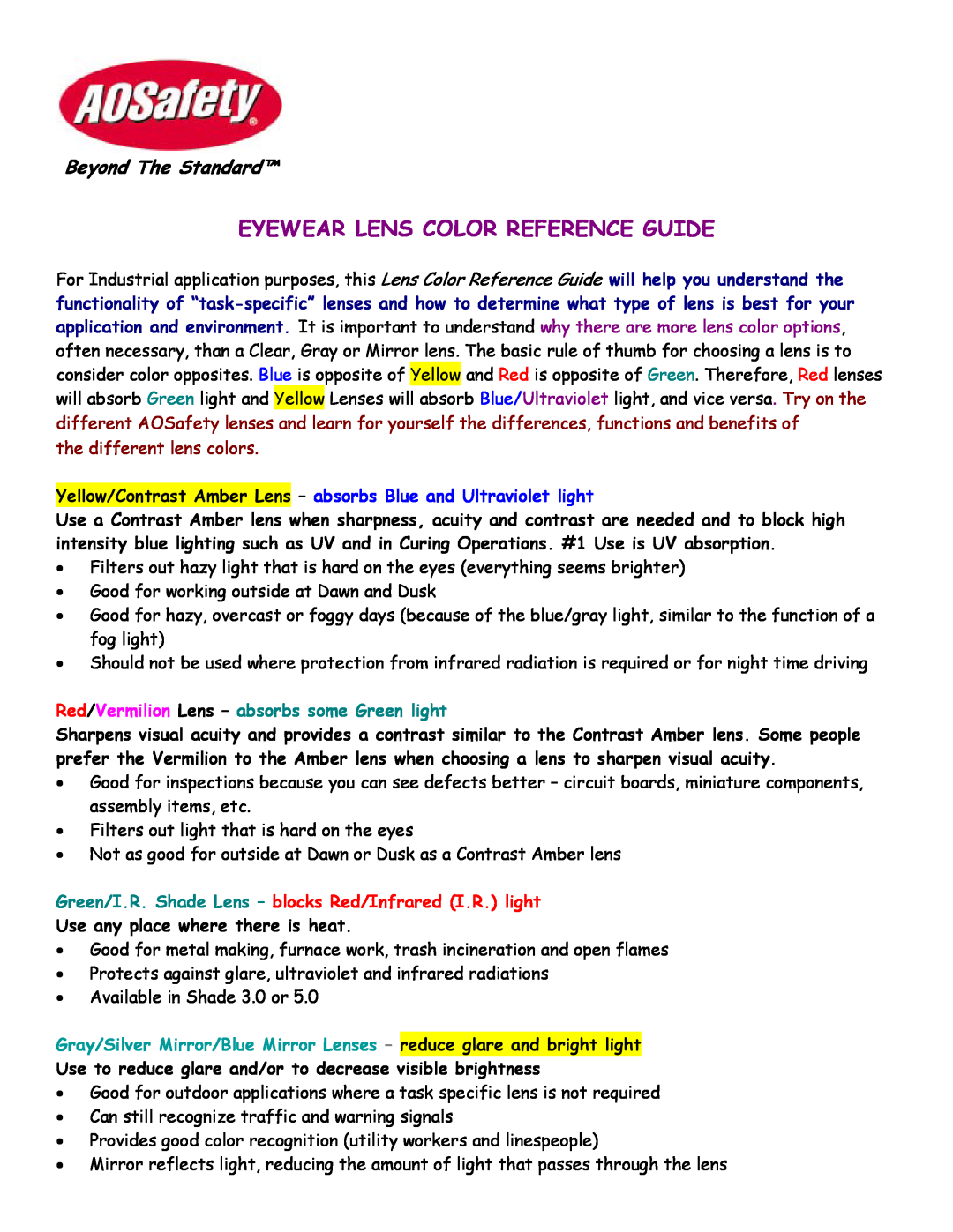 AOSafety manual Eyewear Lens Color Reference Guide, Beyond The Standard, the different lens colors 
