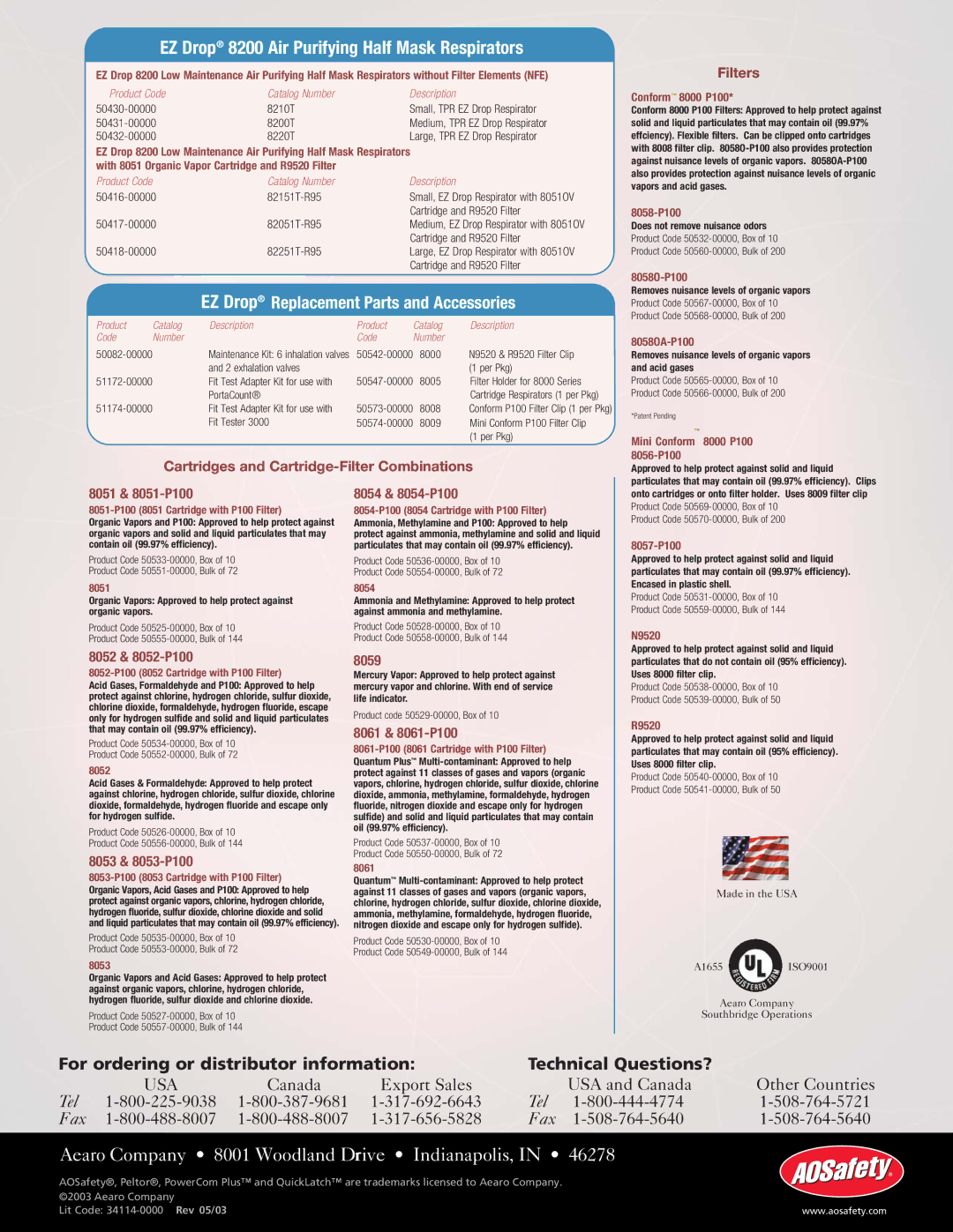 AOSafety EZ Drop manual Cartridges and Cartridge-Filter Combinations Filters, 8051 & 8051-P100, 8054 & 8054-P100, 8059 