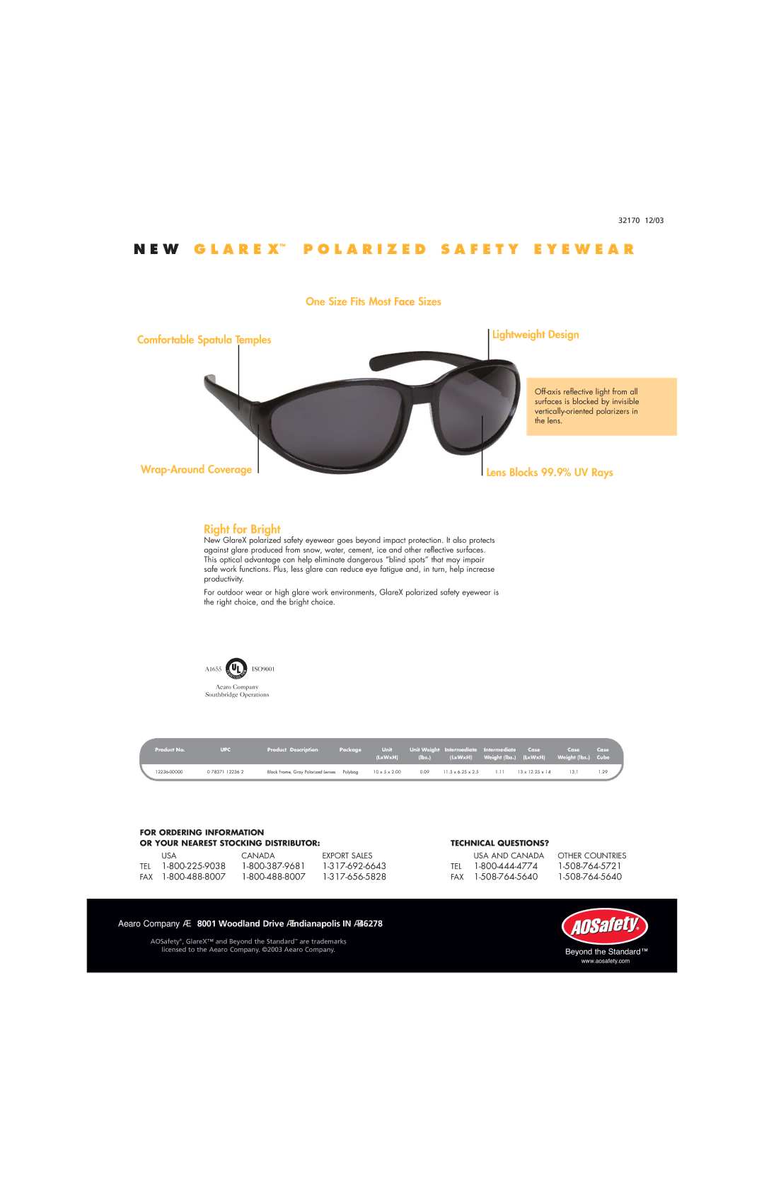 AOSafety GlareX manual Right for Bright, Lens Blocks 99.9% UV Rays, Aearo Company · 8001 Woodland Drive · Indianapolis in · 