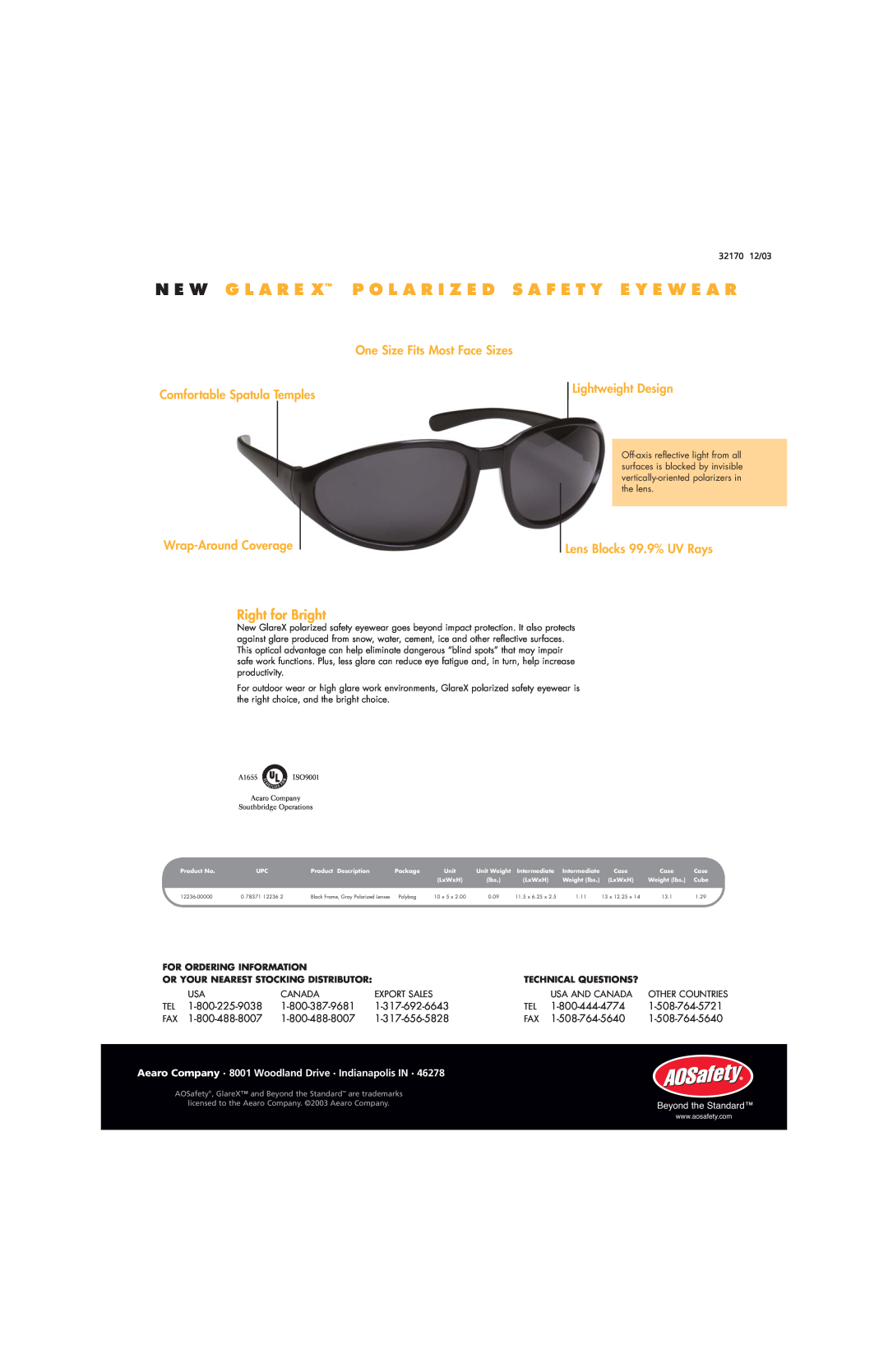 AOSafety GlareX manual Right for Bright, One Size Fits Most Face Sizes, Comfortable Spatula Temples, Lightweight Design 