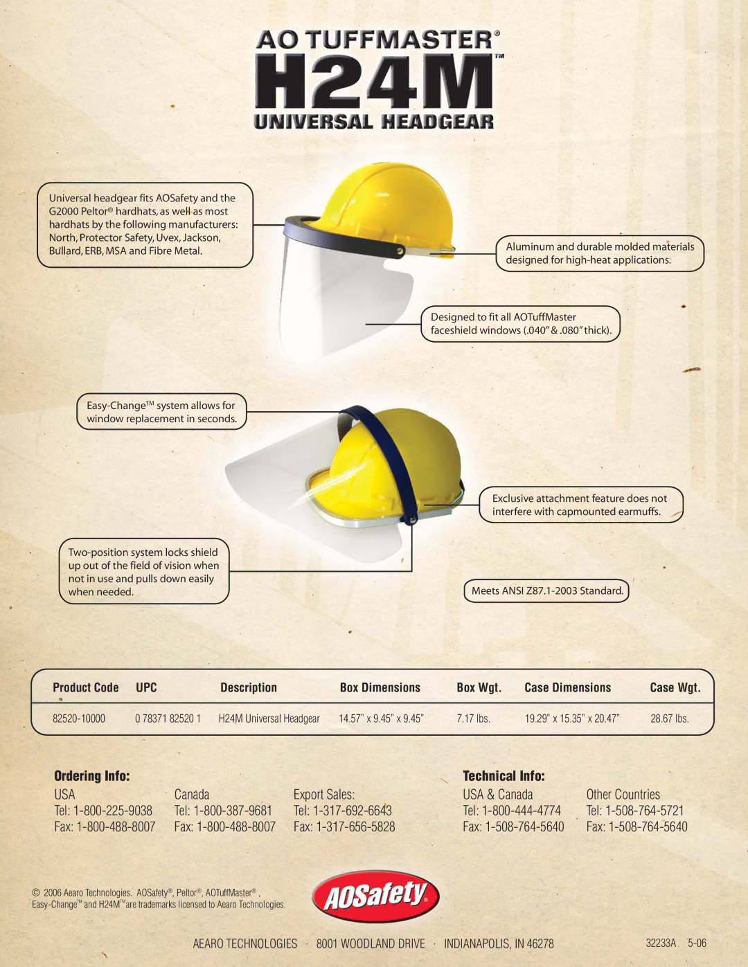 AOSafety H24M manual Ordering Info Technical Info, Usa, Canada Export Sales USA & Canada Other Countries Tel, Fax, Upc 