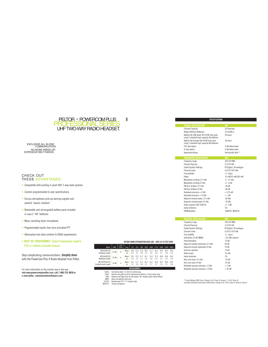 AOSafety II manual Specifications General Specifications UHF, Receiver Specification UHF, Accessories 