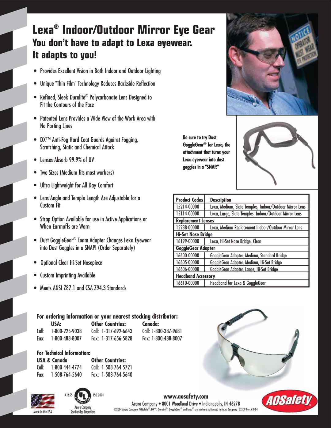 AOSafety Lexa manual Description, Replacement Lenses, Hi-Set Nose Bridge, GoggleGear Adapter, Headband Accessory 