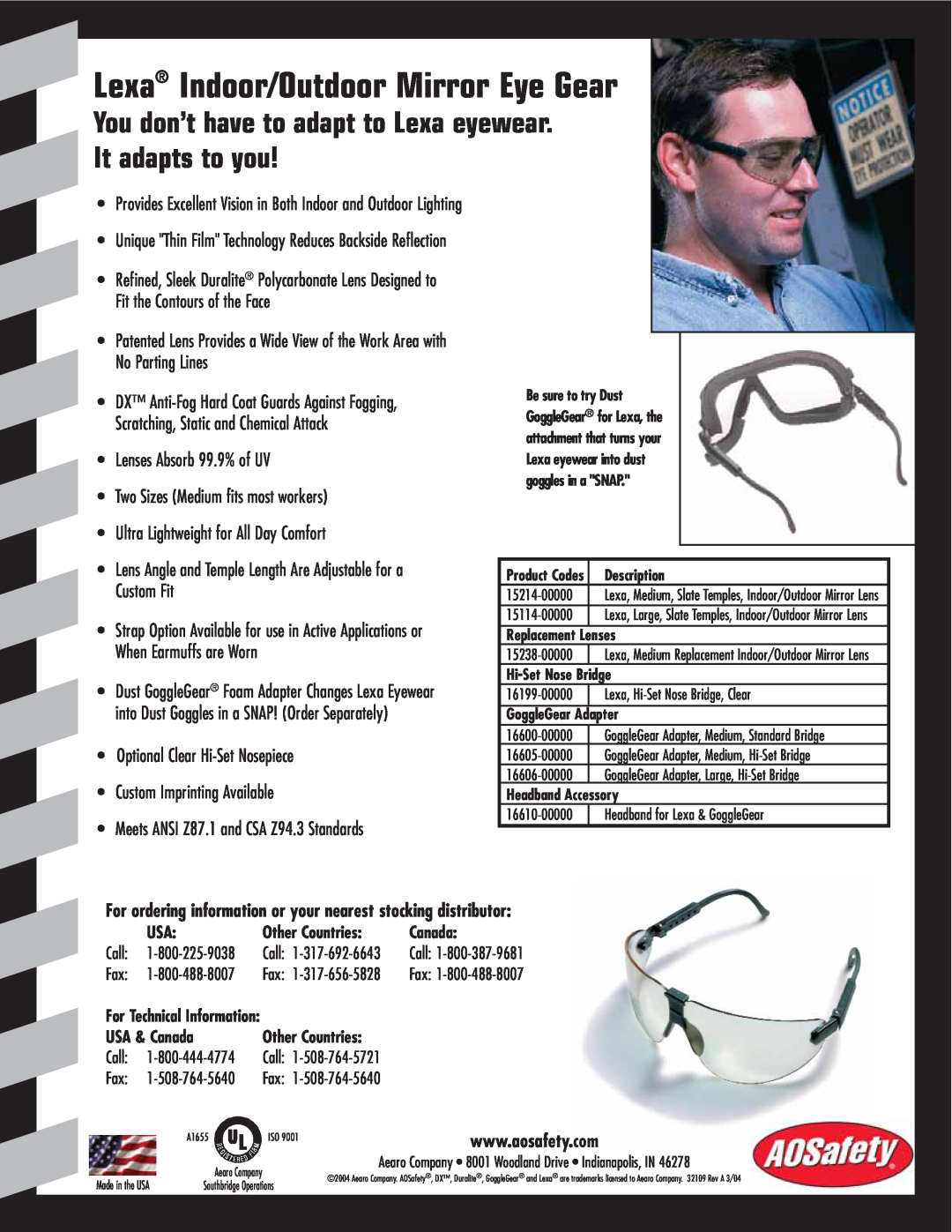 AOSafety Lexa Indoor/Outdoor Mirror Eye Gear, Lenses Absorb 99.9% of UV, Two Sizes Medium fits most workers, Canada 