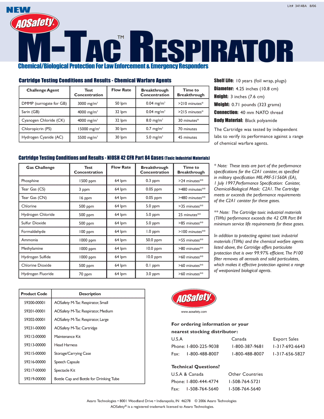 AOSafety M-Tac Tactmrespirator, Body Material Black polyamide, For ordering information or your, Technical Questions? 