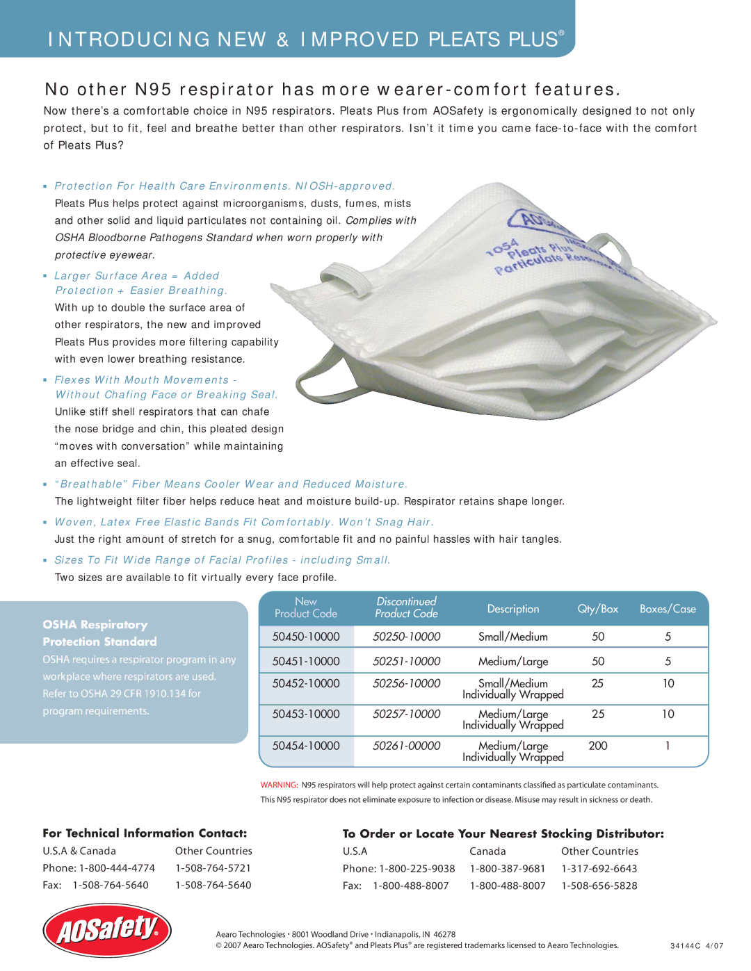 AOSafety manual Introducing NEW & Improved Pleats Plus, No other N95 respirator has more wearer-comfort features 