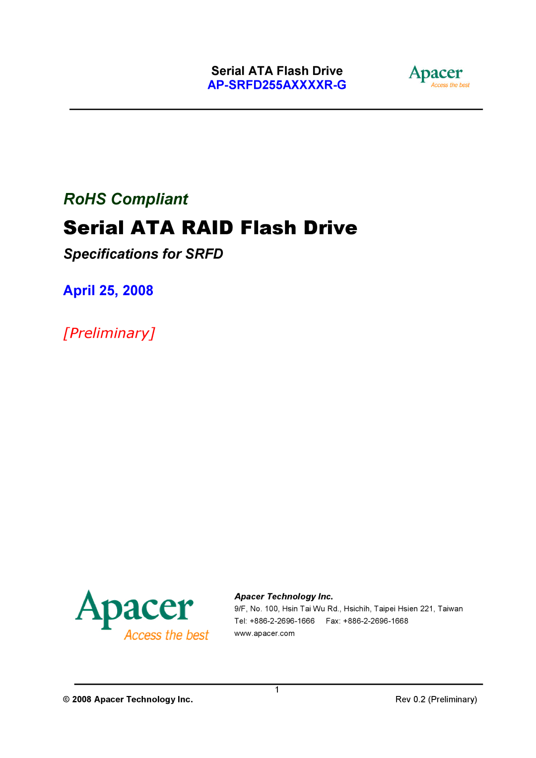 Apacer Technology AP-SRFD255AXXXXR-G specifications Serial ATA RAID Flash Drive, Serial ATA Flash Drive 