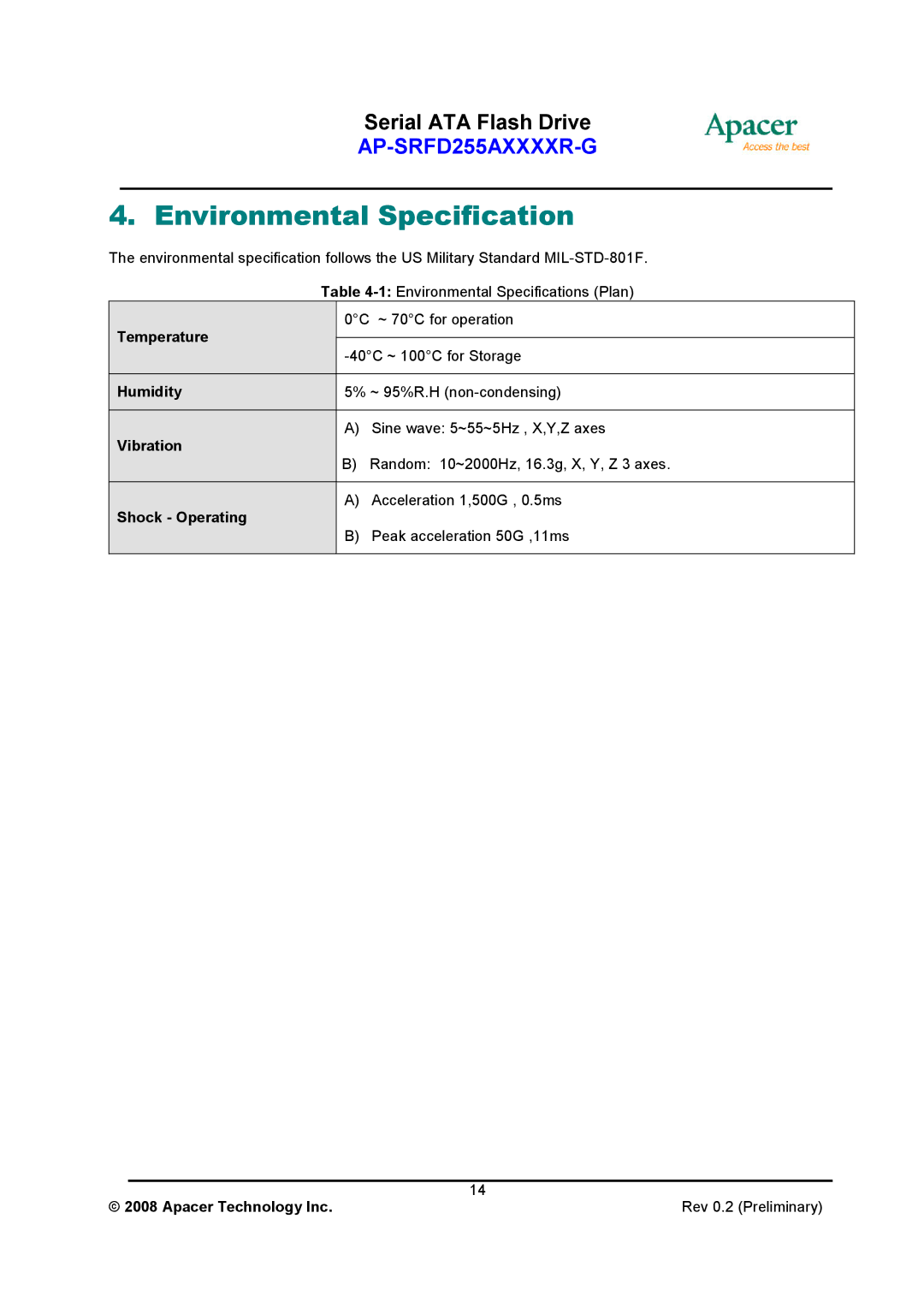 Apacer Technology AP-SRFD255AXXXXR-G specifications Environmental Specification 