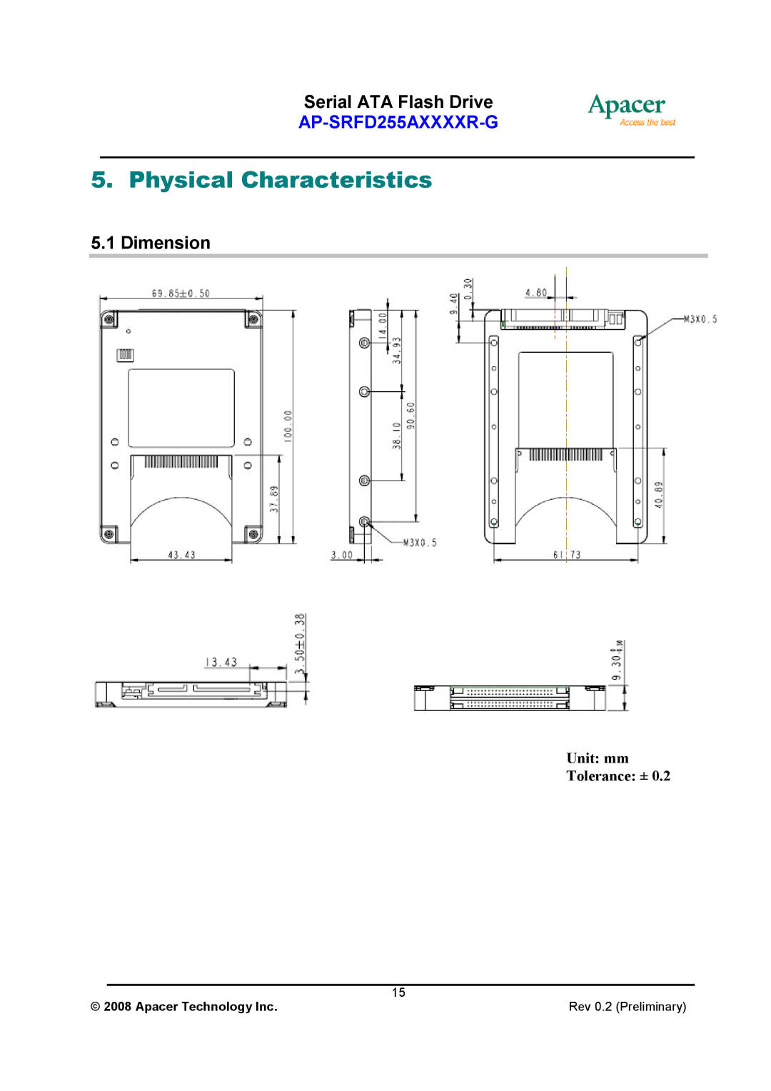 Apacer Technology AP-SRFD255AXXXXR-G specifications Physical Characteristics, Dimension 