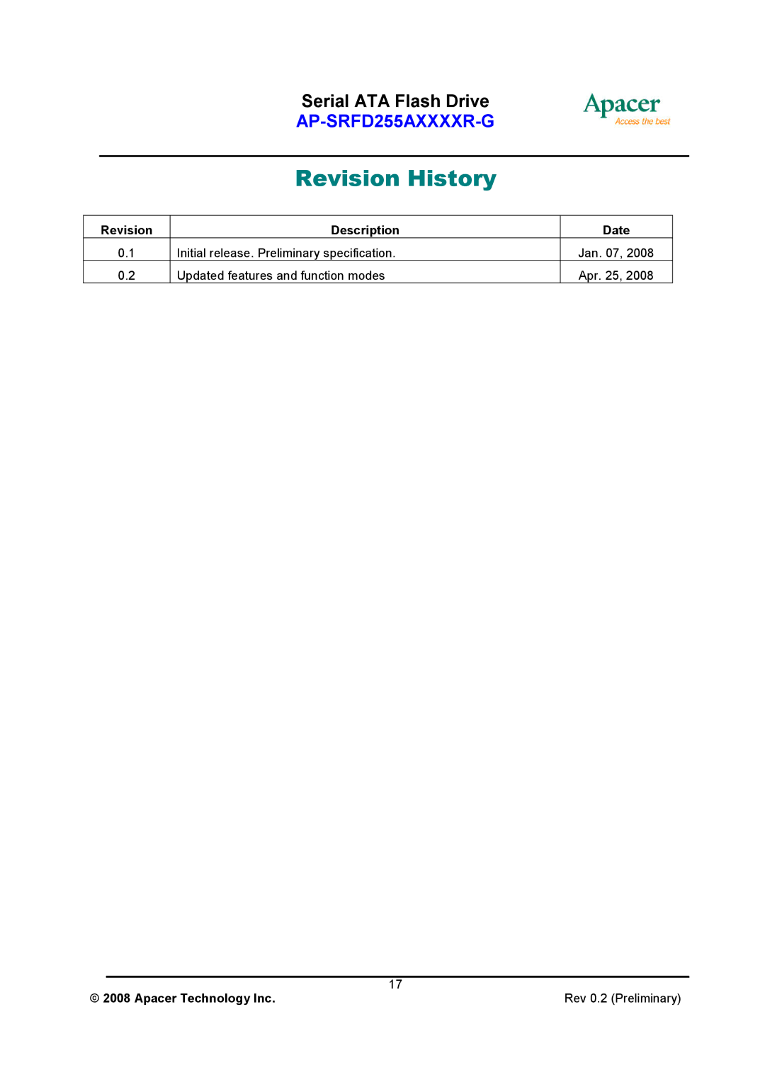 Apacer Technology AP-SRFD255AXXXXR-G specifications Revision History 