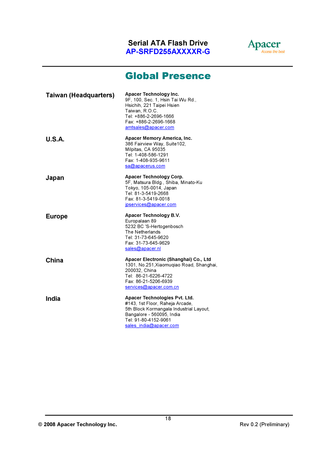 Apacer Technology AP-SRFD255AXXXXR-G specifications Global Presence, Taiwan Headquarters Japan Europe China India 