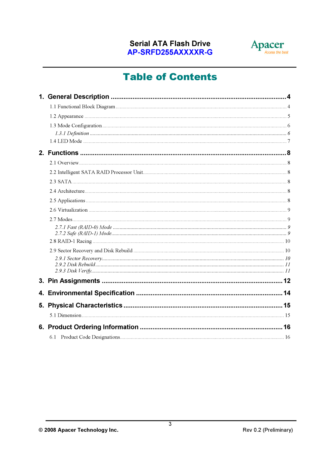 Apacer Technology AP-SRFD255AXXXXR-G specifications Table of Contents 