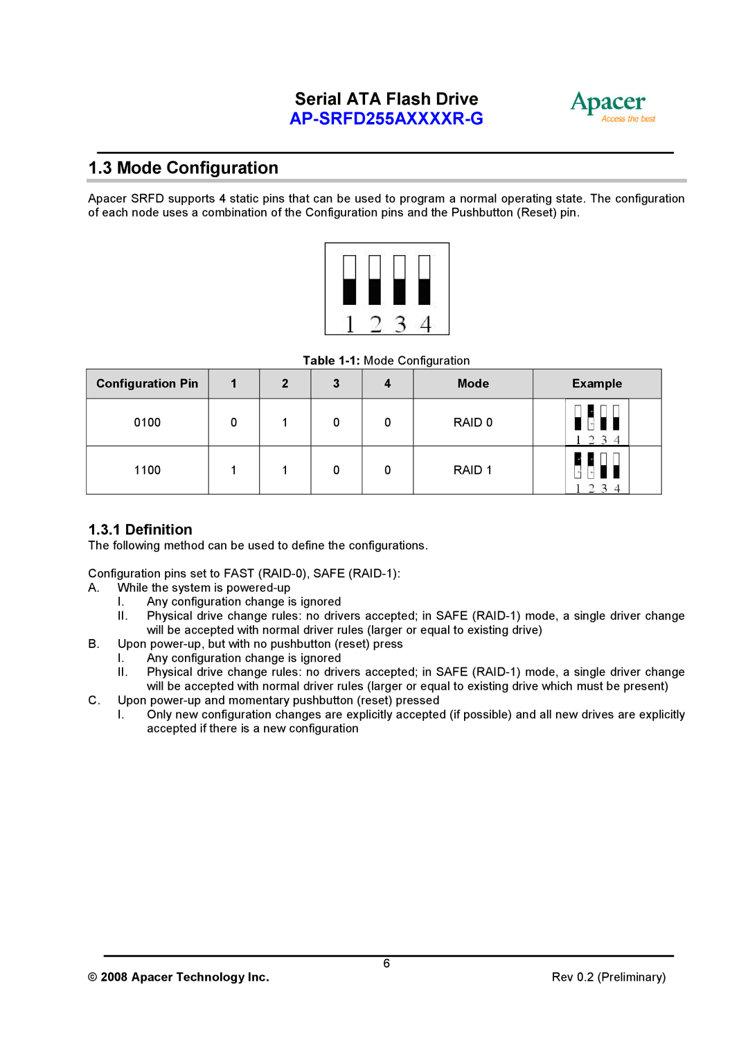 Apacer Technology AP-SRFD255AXXXXR-G specifications Mode Configuration, Definition 