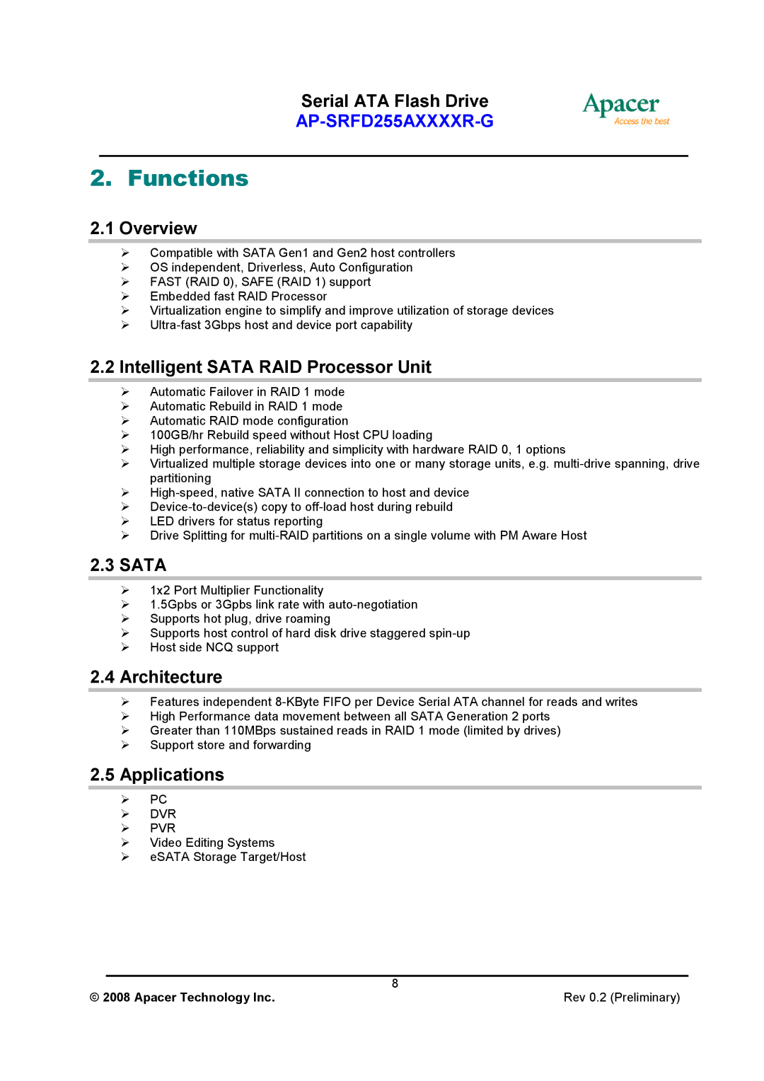 Apacer Technology AP-SRFD255AXXXXR-G specifications Functions 