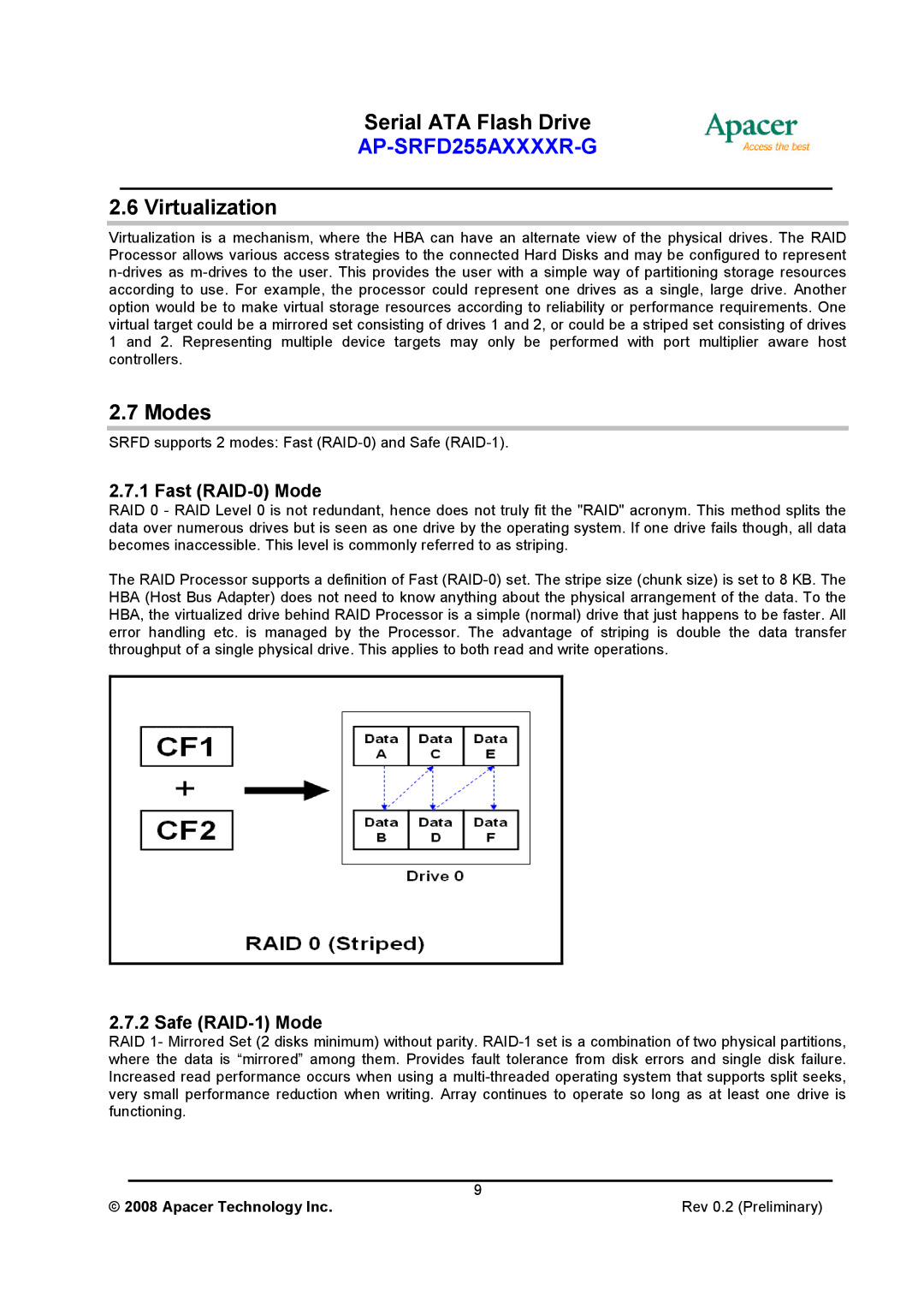 Apacer Technology AP-SRFD255AXXXXR-G specifications Virtualization, Modes, Fast RAID-0 Mode, Safe RAID-1 Mode 