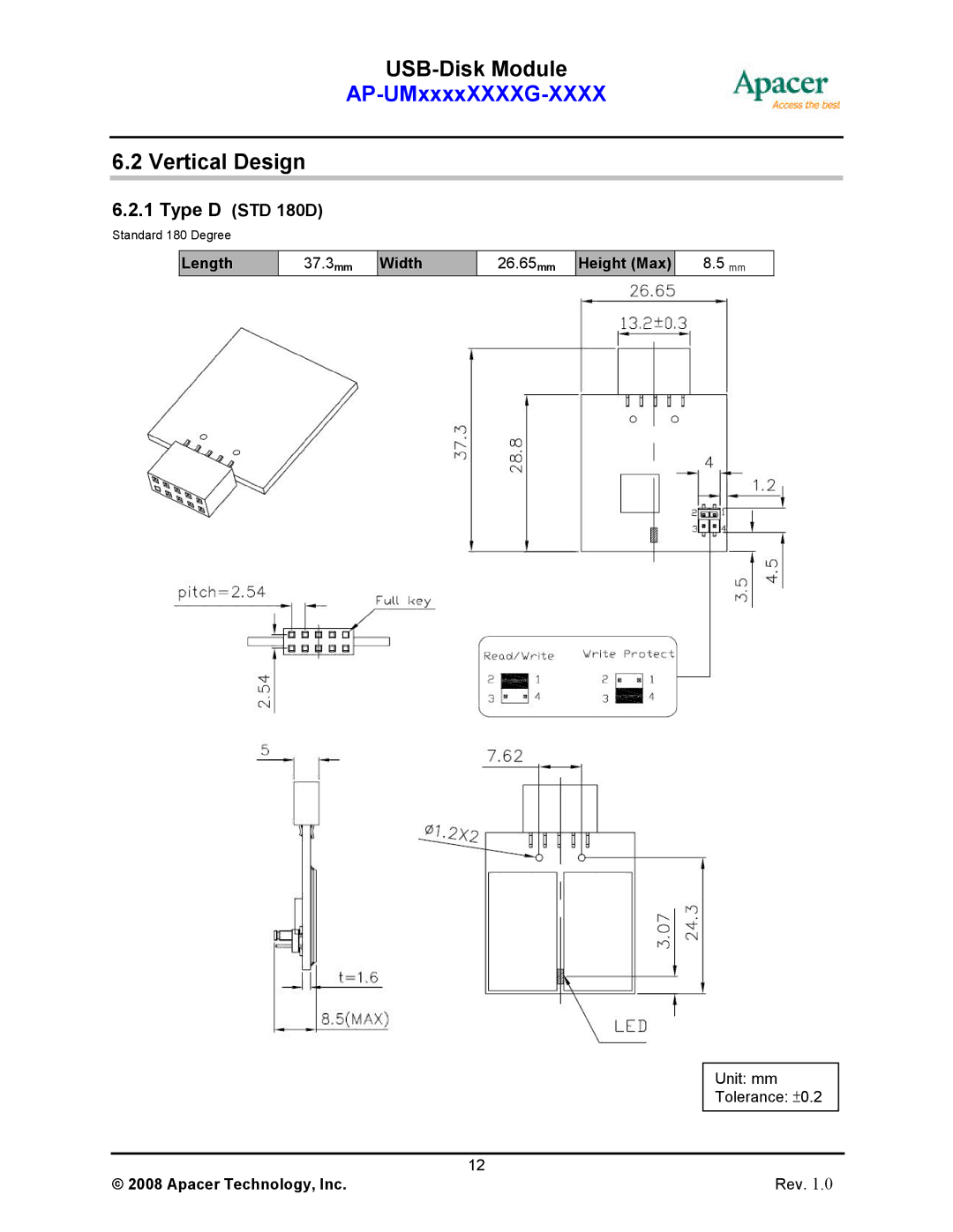 Apacer Technology II manual Vertical Design, Type D STD 180D 