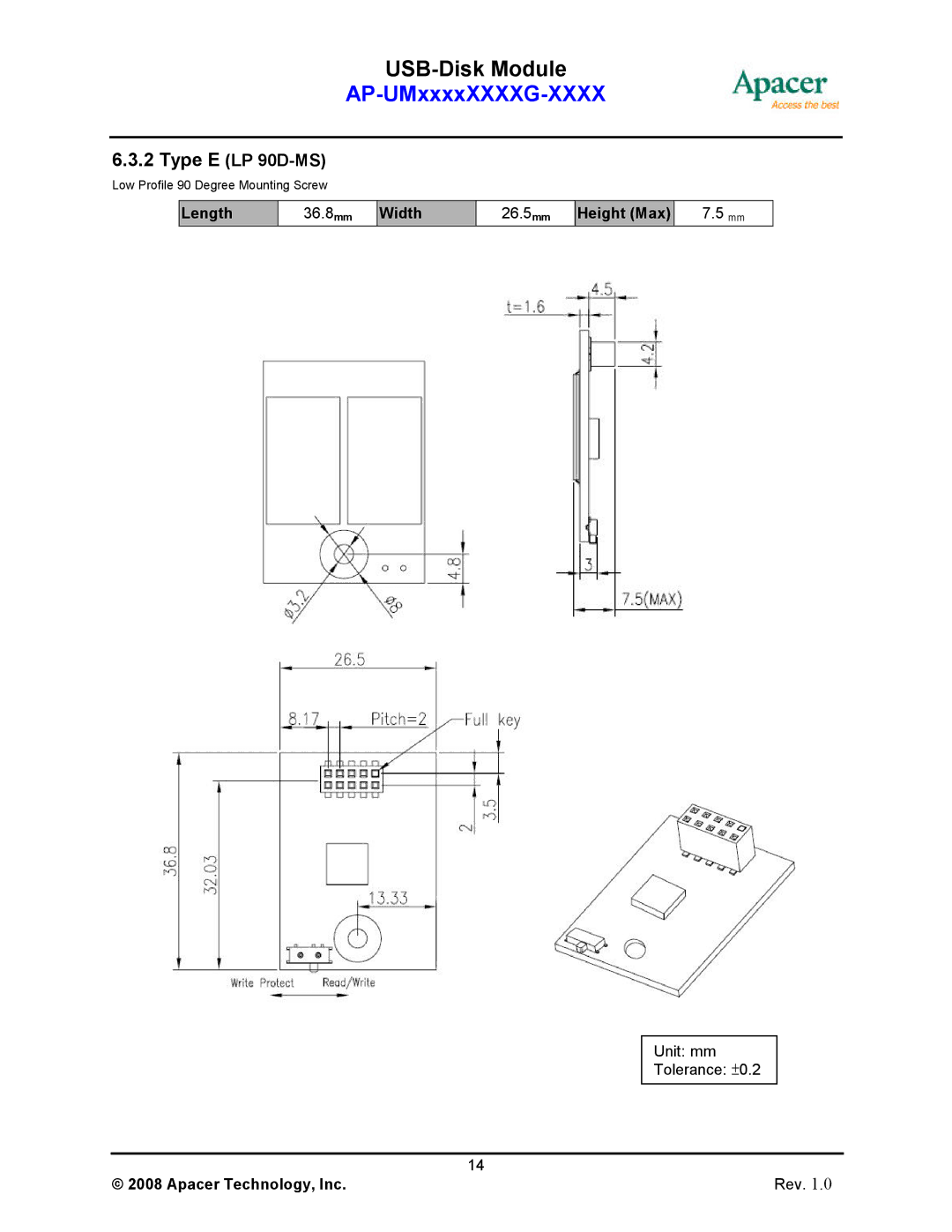 Apacer Technology II manual Type E LP 90D-MS 