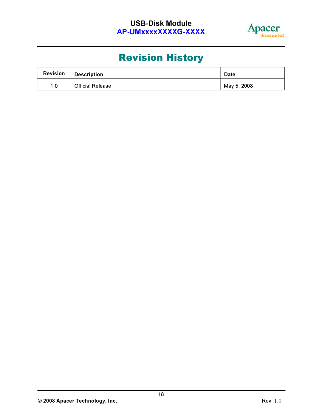 Apacer Technology II manual Revision History 