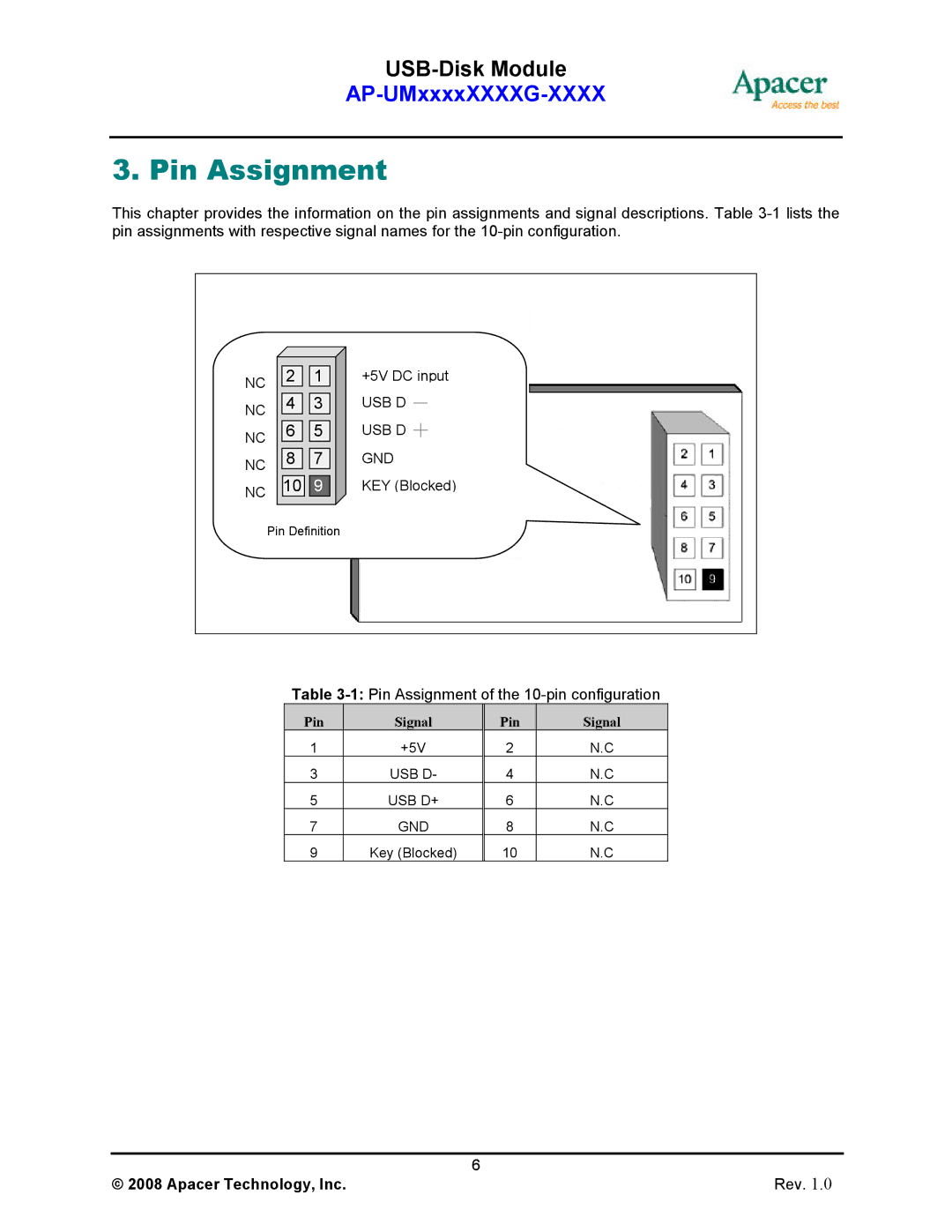 Apacer Technology II manual Pin Assignment, 4 3 6 5 8 7 10 