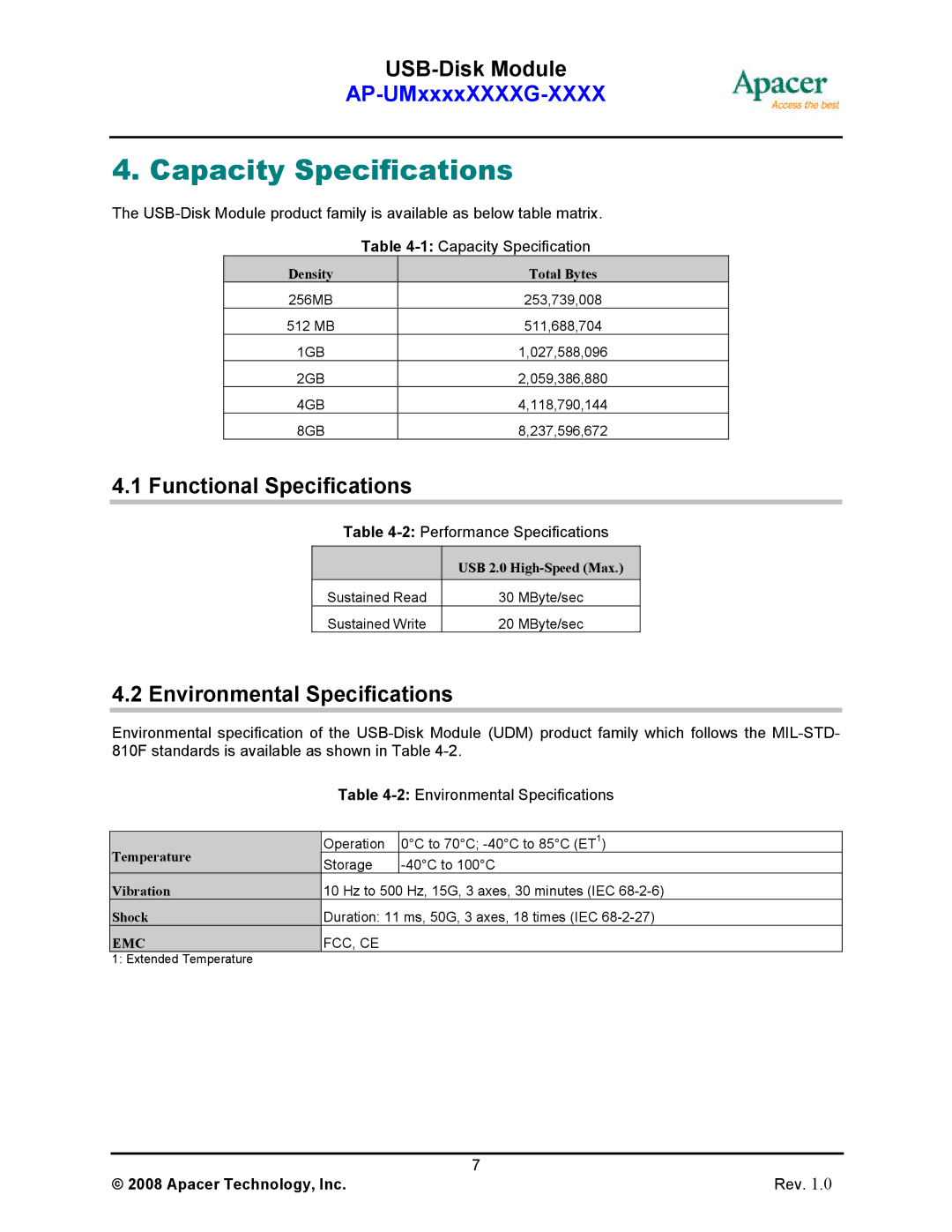 Apacer Technology II manual Capacity Specifications, Functional Specifications, Environmental Specifications 