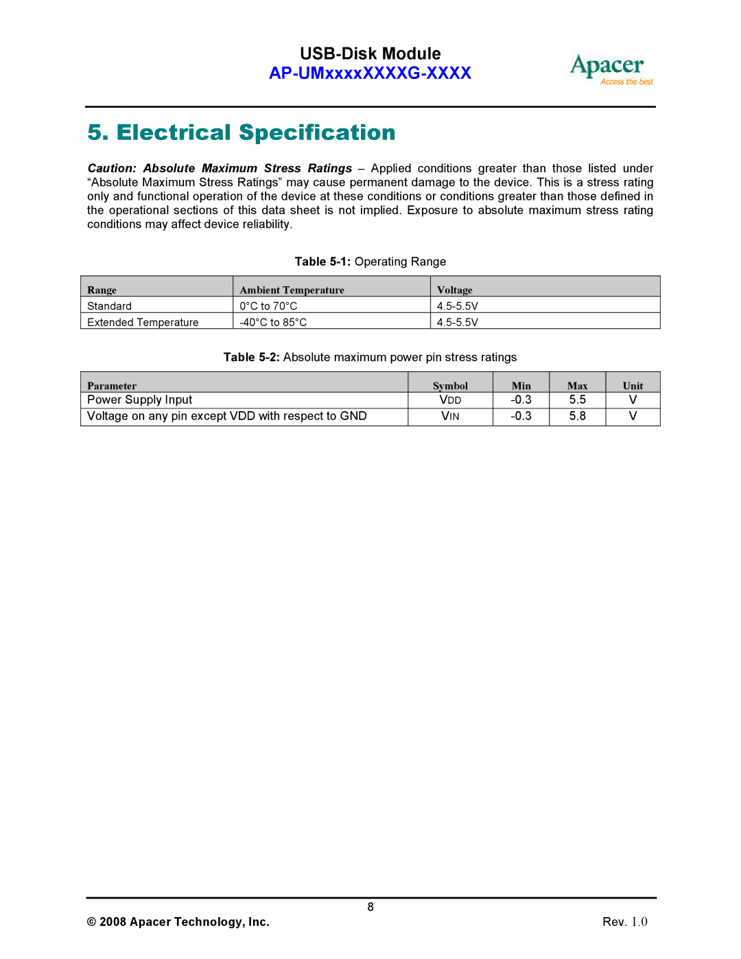 Apacer Technology II manual Electrical Specification 