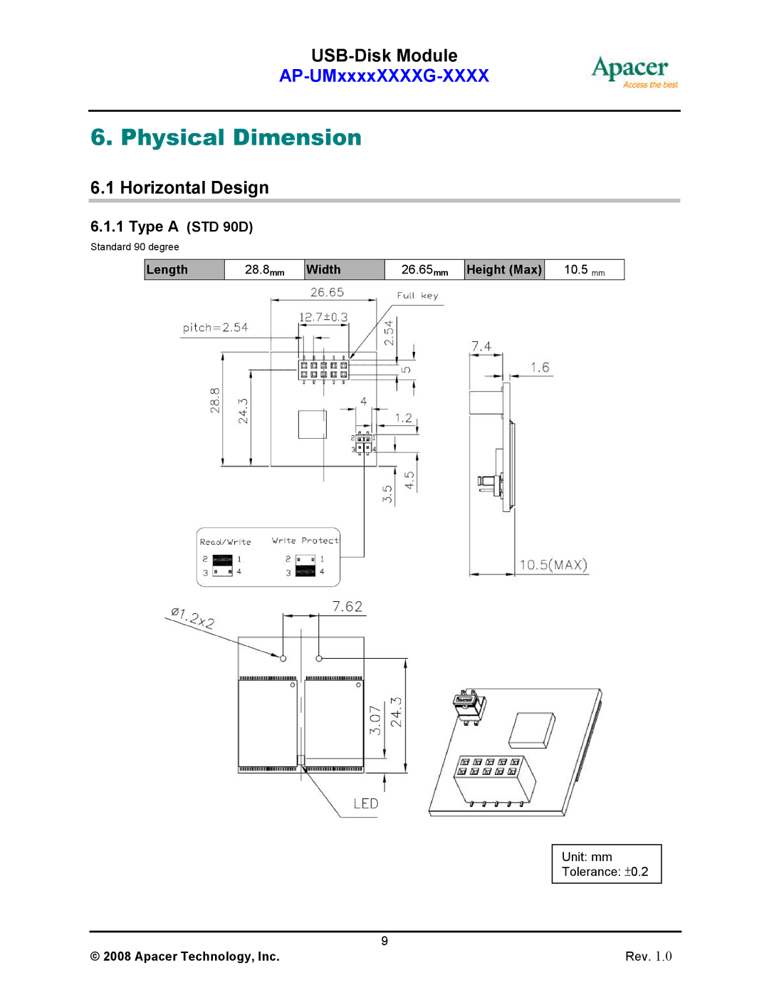 Apacer Technology II manual Physical Dimension, Horizontal Design, Type a STD 90D 