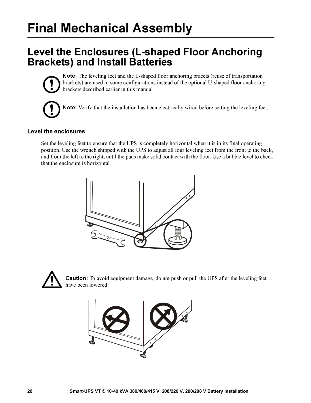 APC 10-40 KVA 380/400/415 V manual Final Mechanical Assembly, Level the enclosures 