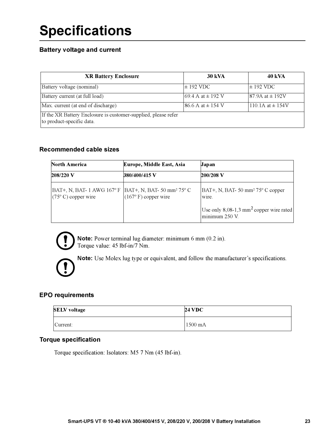 APC 10-40 KVA 380/400/415 V manual Specifications, Battery voltage and current, Recommended cable sizes, EPO requirements 