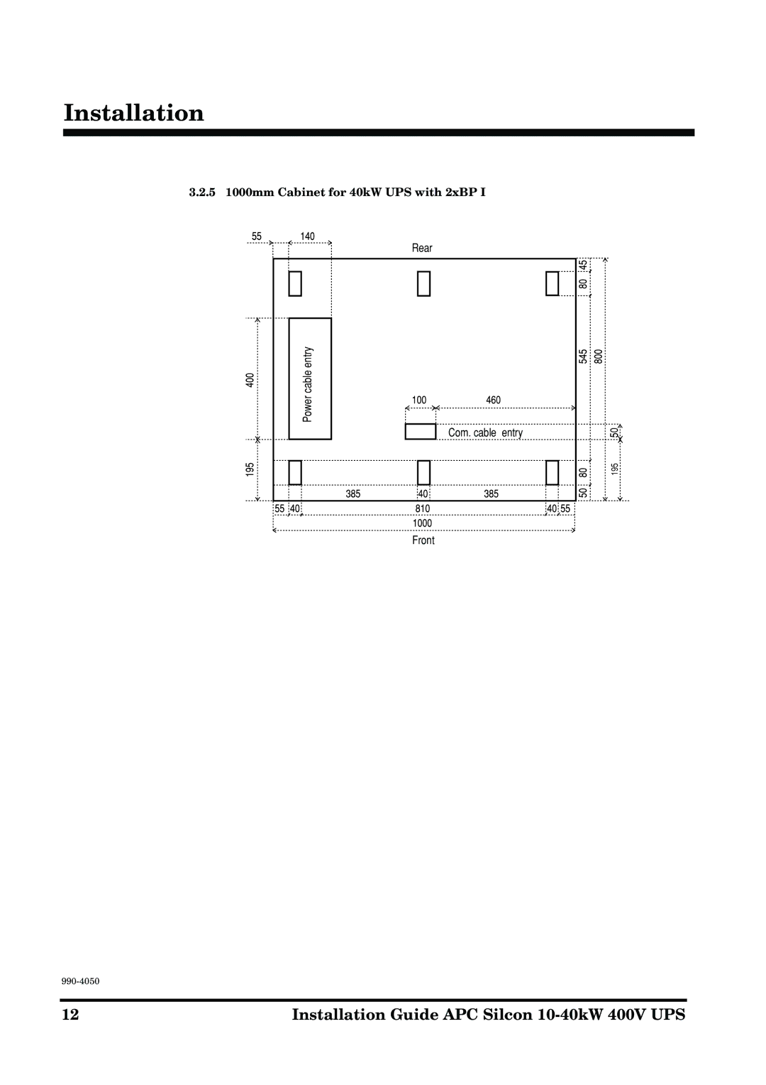 APC 10-40KW 400V UPS manual 5 1000mm Cabinet for 40kW UPS with 2xBP 