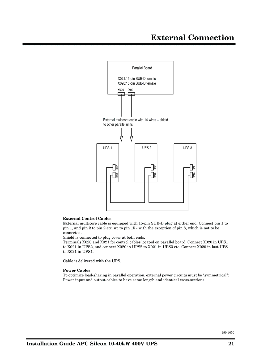 APC 10-40KW 400V UPS manual External Control Cables, Power Cables 