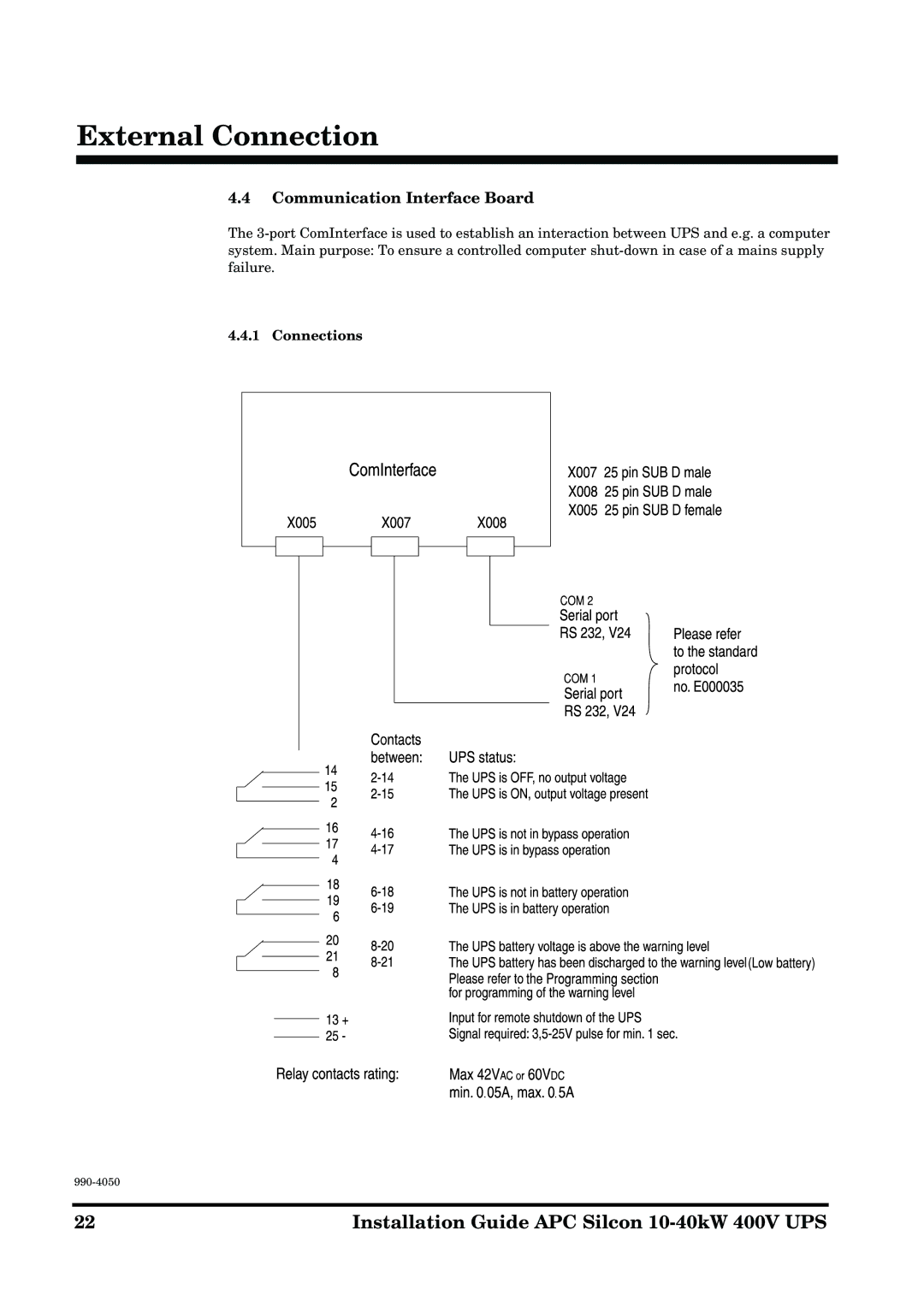 APC 10-40KW 400V UPS manual Communication Interface Board, Connections 