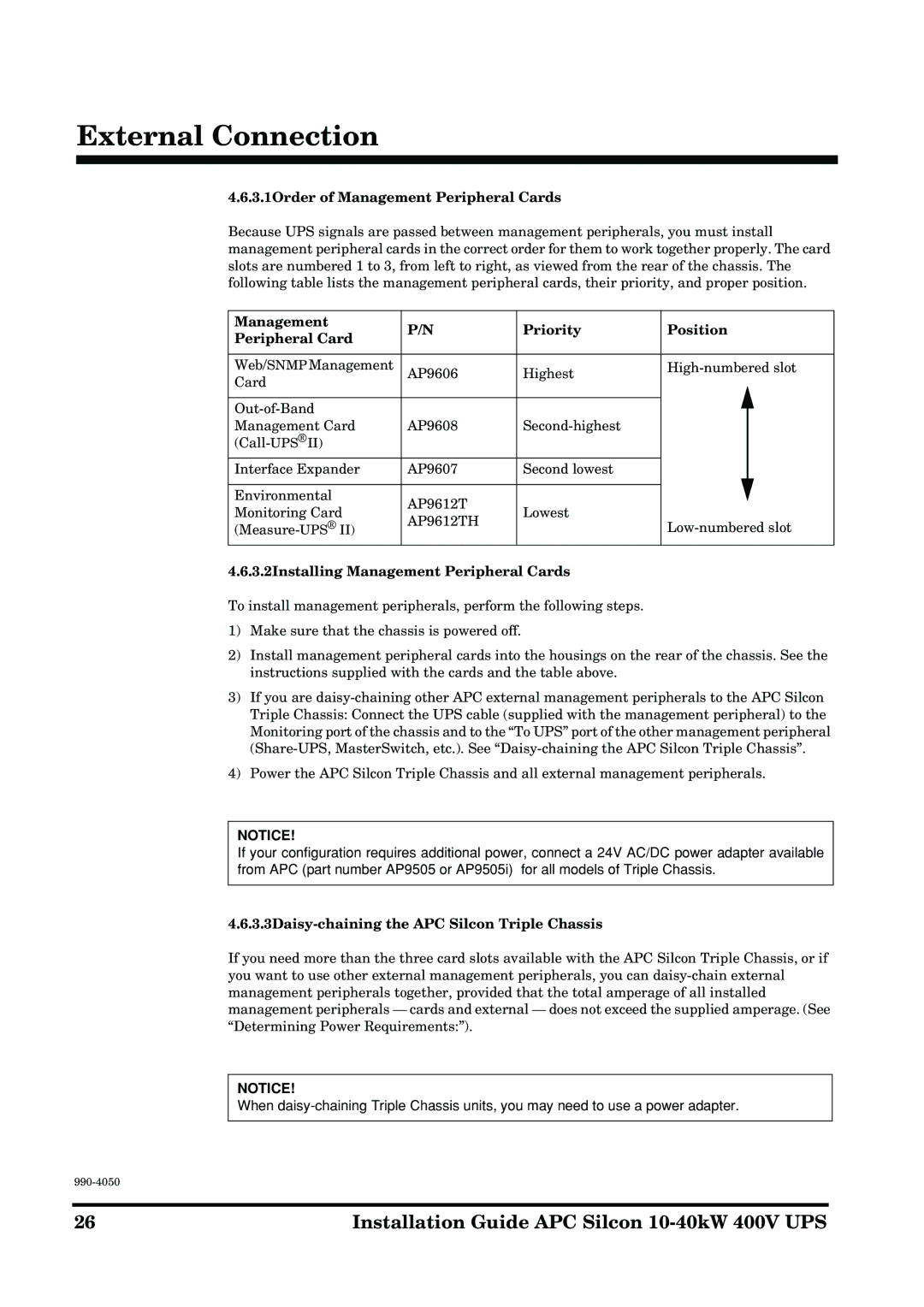 APC 10-40KW 400V UPS manual 3.1Order of Management Peripheral Cards, Management Priority Position Peripheral Card 