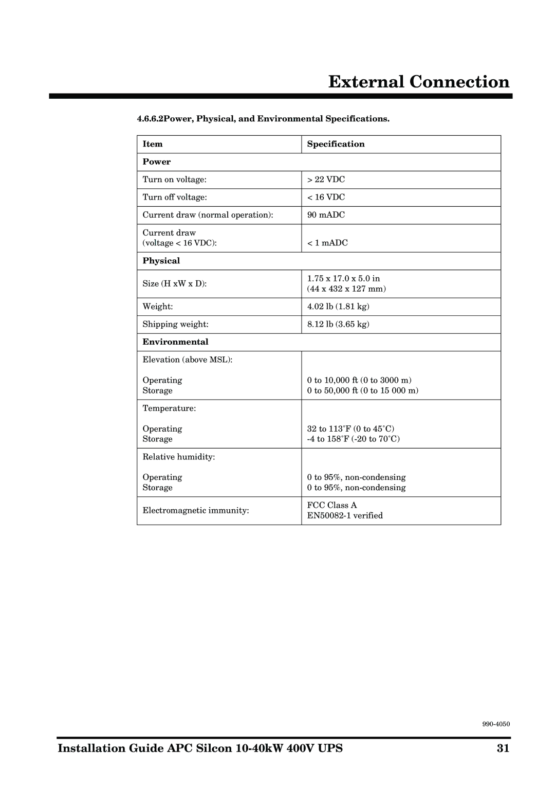 APC 10-40KW 400V UPS manual 6.2Power, Physical, and Environmental Specifications 