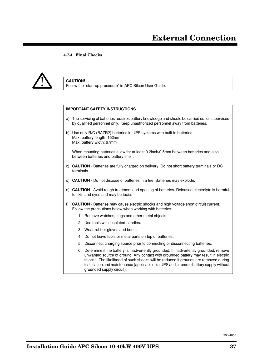 APC 10-40KW 400V UPS manual Final Checks 