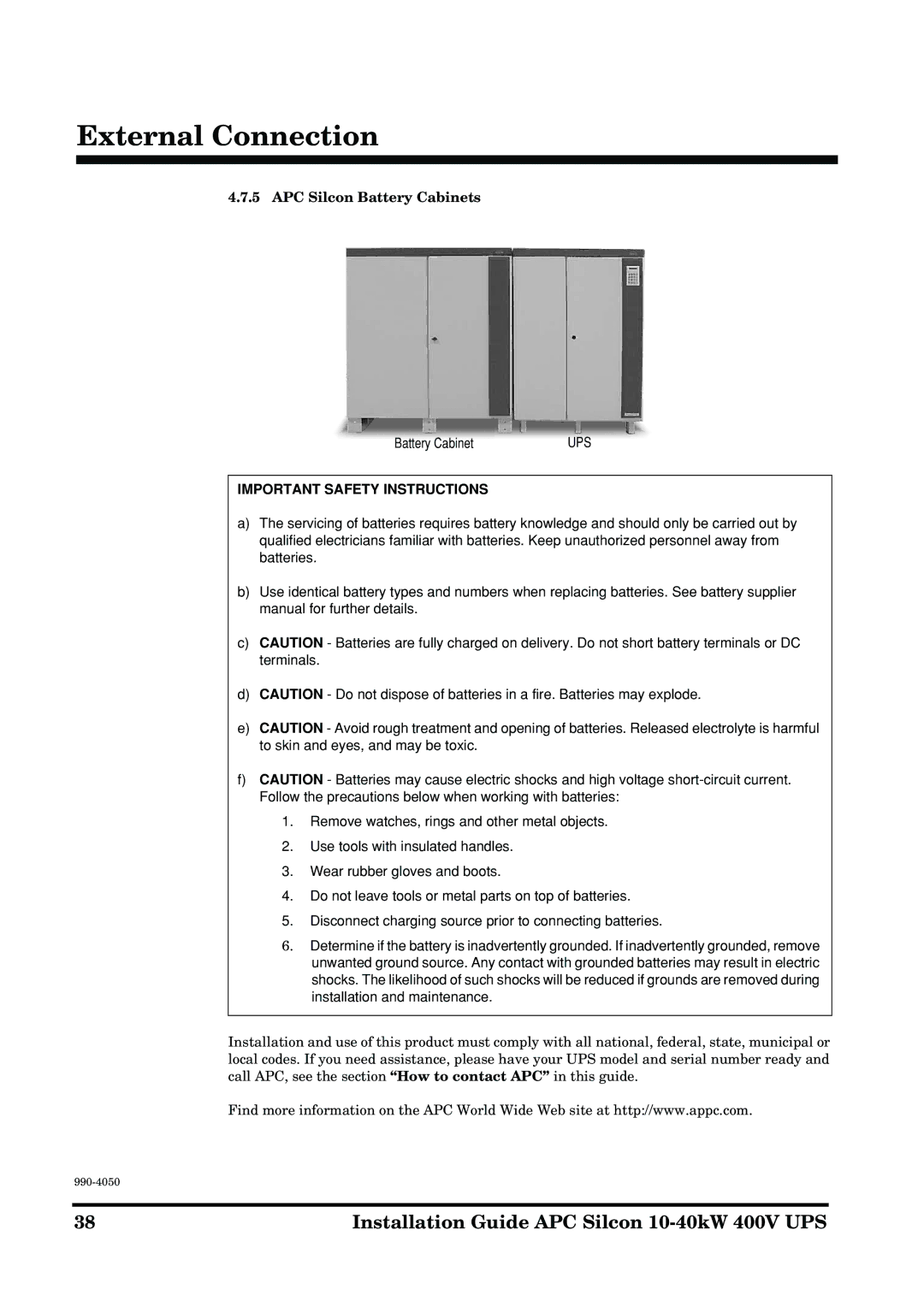 APC 10-40KW 400V UPS manual APC Silcon Battery Cabinets 