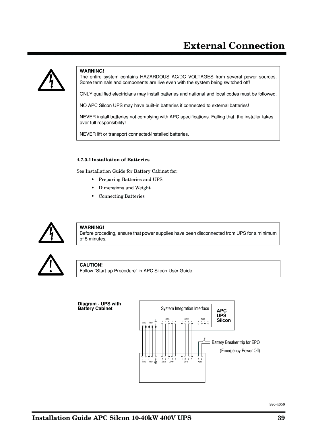 APC 10-40KW 400V UPS manual 5.1Installation of Batteries, Diagram UPS with Battery Cabinet, Silcon 