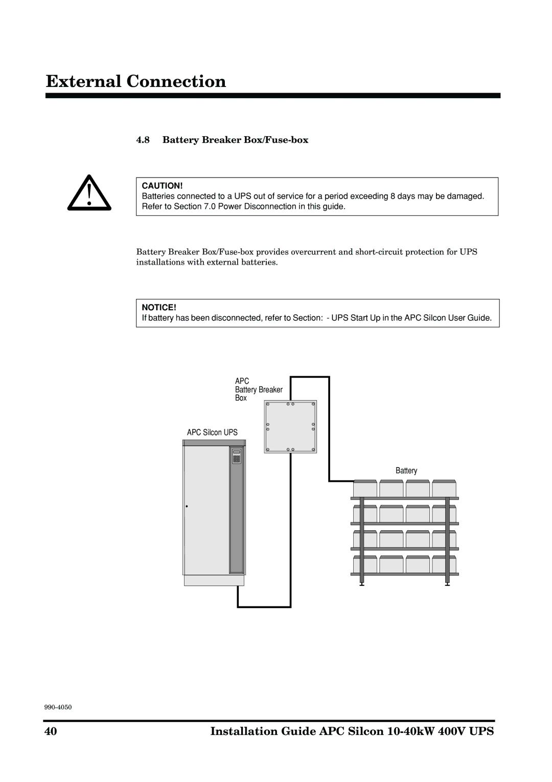 APC 10-40KW 400V UPS manual Battery Breaker Box/Fuse-box 