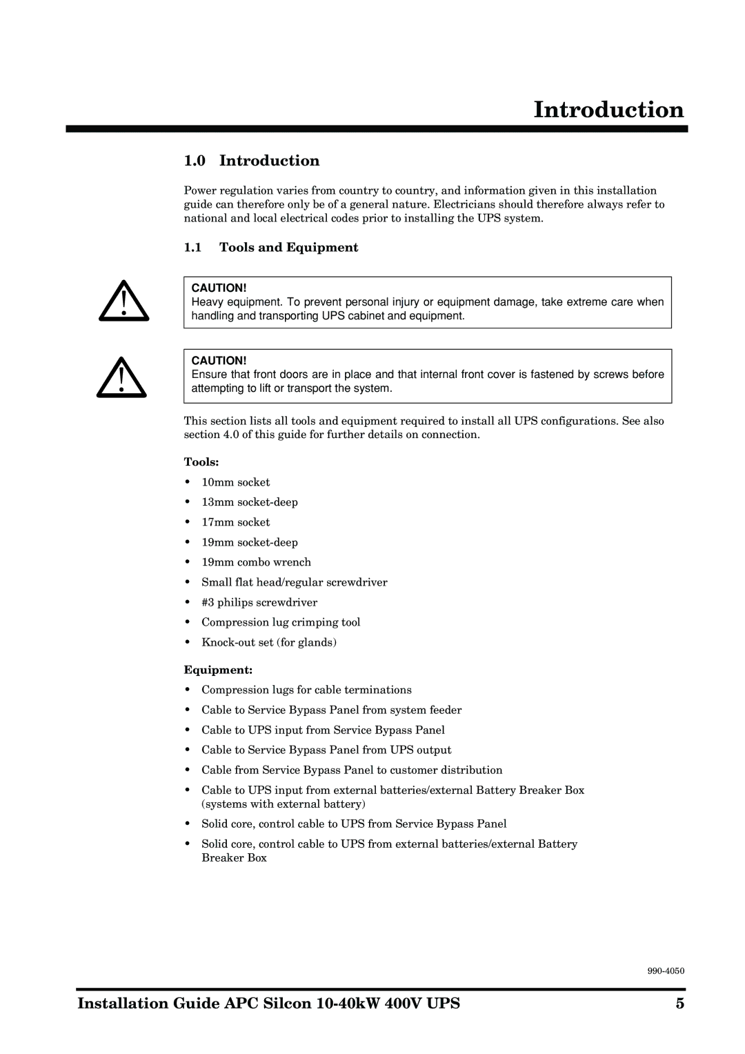 APC 10-40KW 400V UPS manual Introduction, Tools and Equipment 