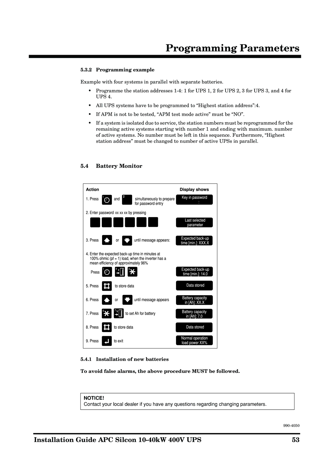 APC 10-40KW 400V UPS manual Battery Monitor, Programming example 