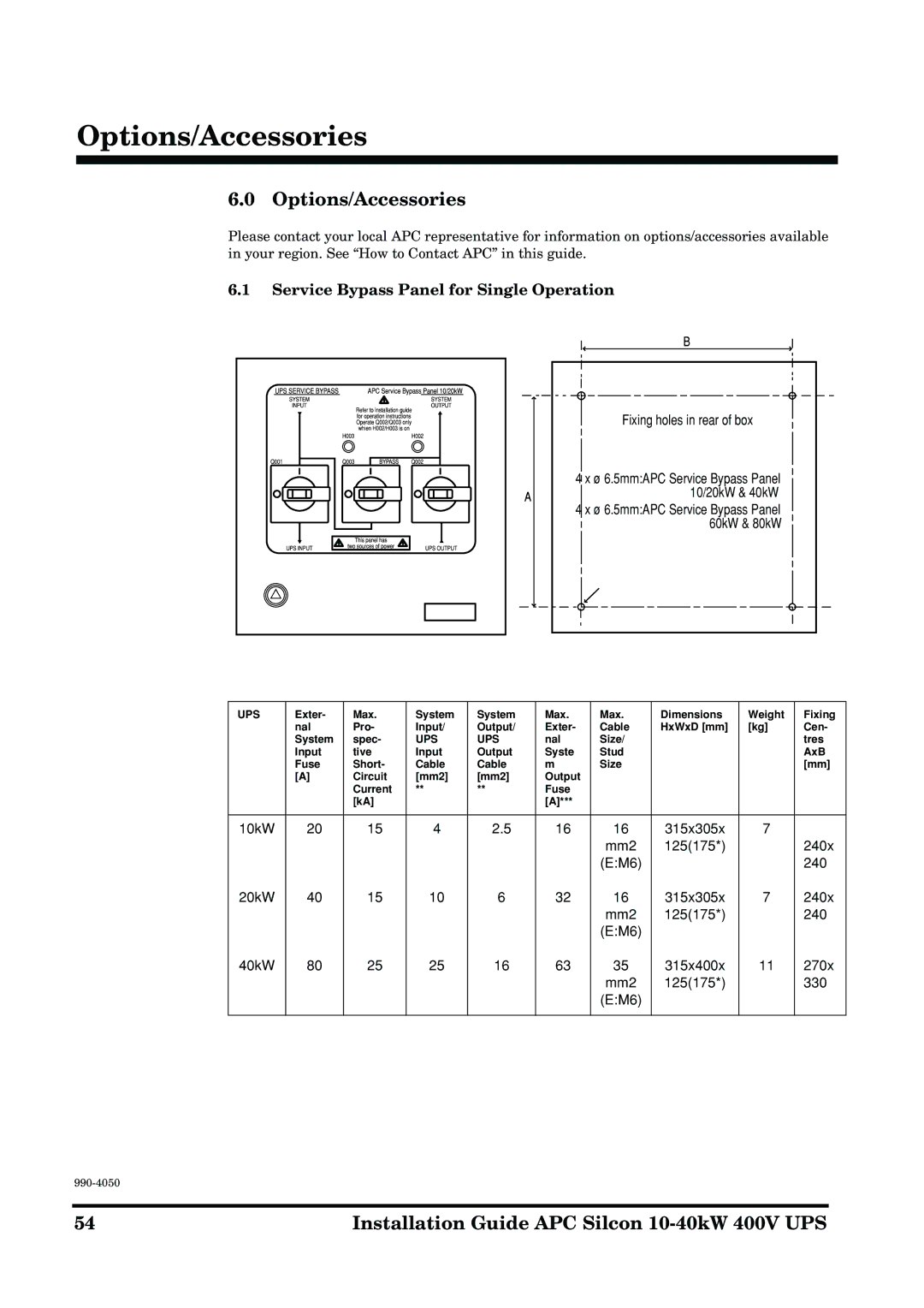 APC 10-40KW 400V UPS manual Options/Accessories, Service Bypass Panel for Single Operation 