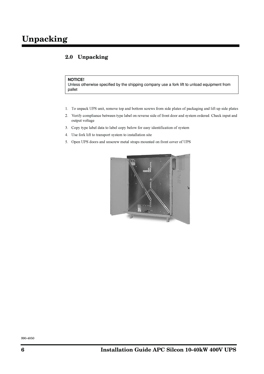 APC 10-40KW 400V UPS manual Unpacking 